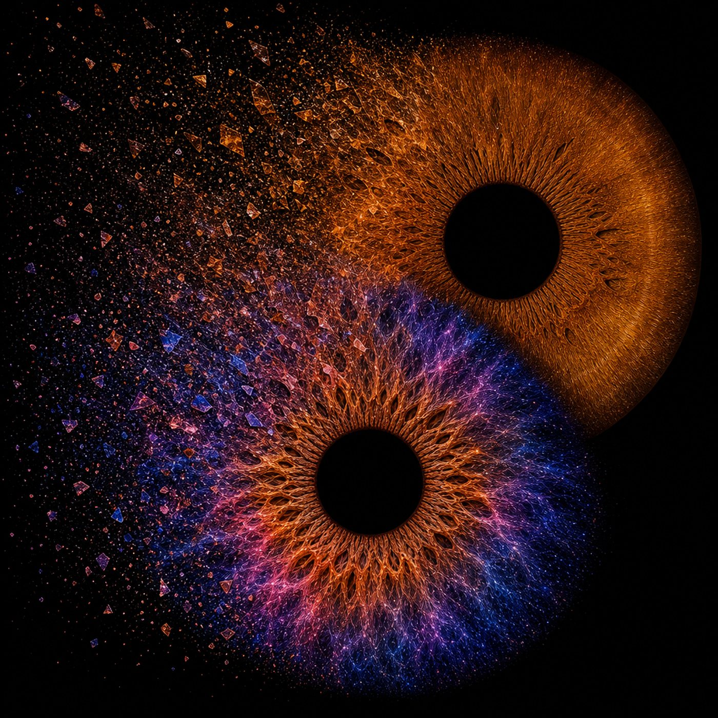 Two irises shattering into a spray of colour